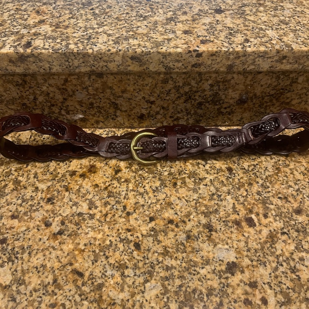 Brown Leather Braided Woven Women's Belt Size Brass Buckle S Vintage